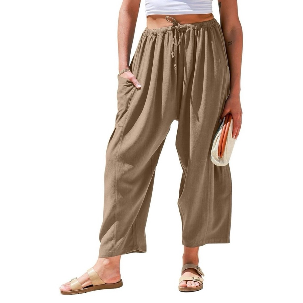 Tarse Womens Coffee Linen Blend Harem Cargo Pants Elastic Waist Boho Balloon S